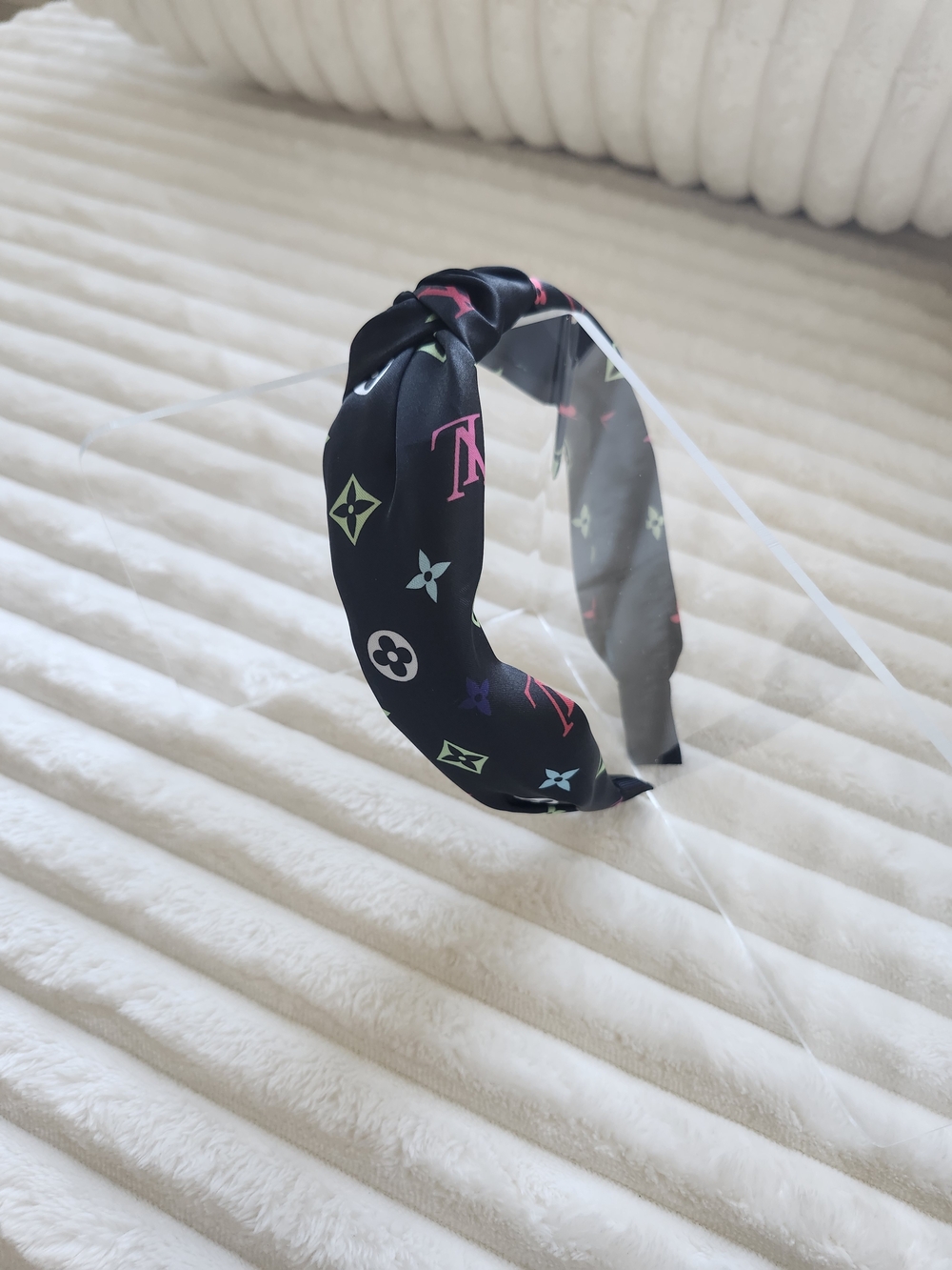 Knotted Top Headband Black Multicolor Floral Monogram Print Satin Hair Band